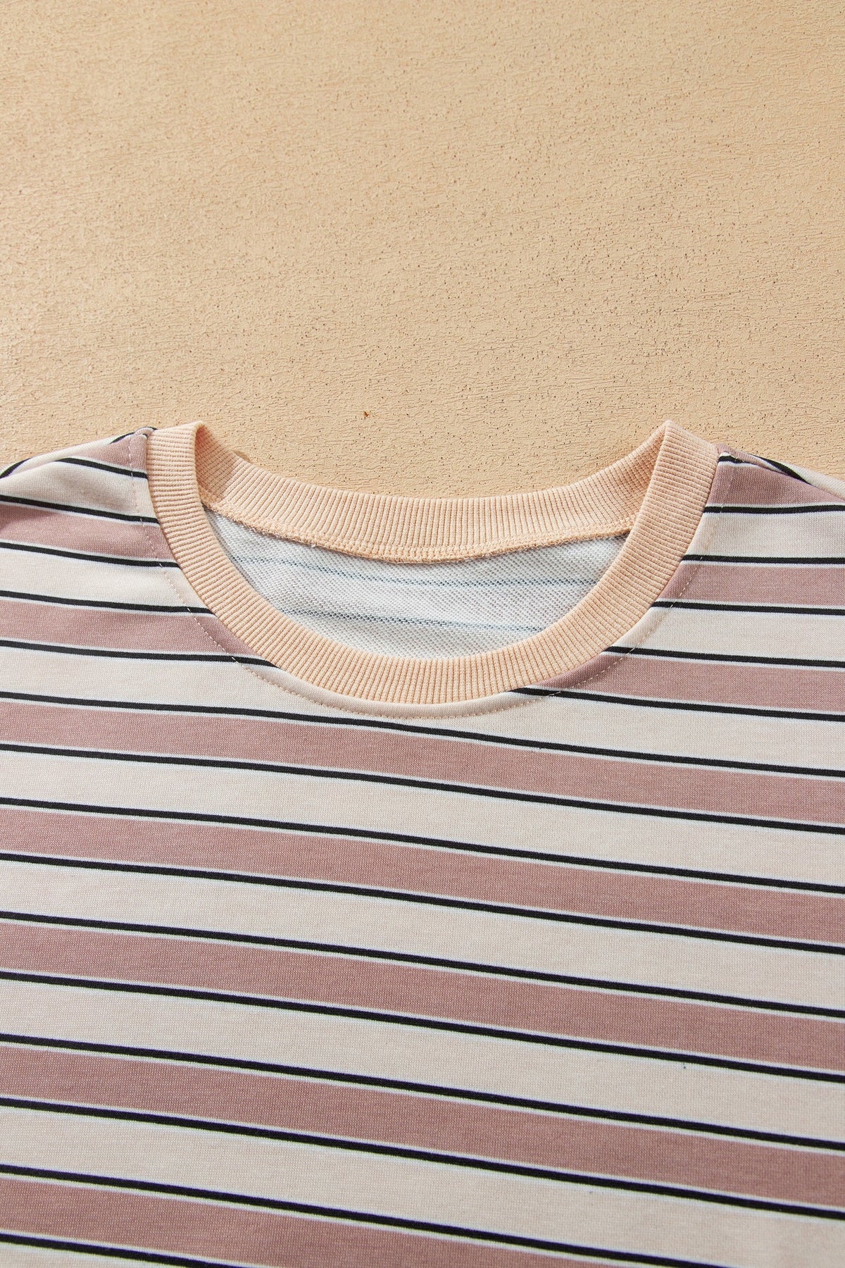 Khaki Stripe Contrast Trim Long Sleeve Top Elastic Waist Pants Set
