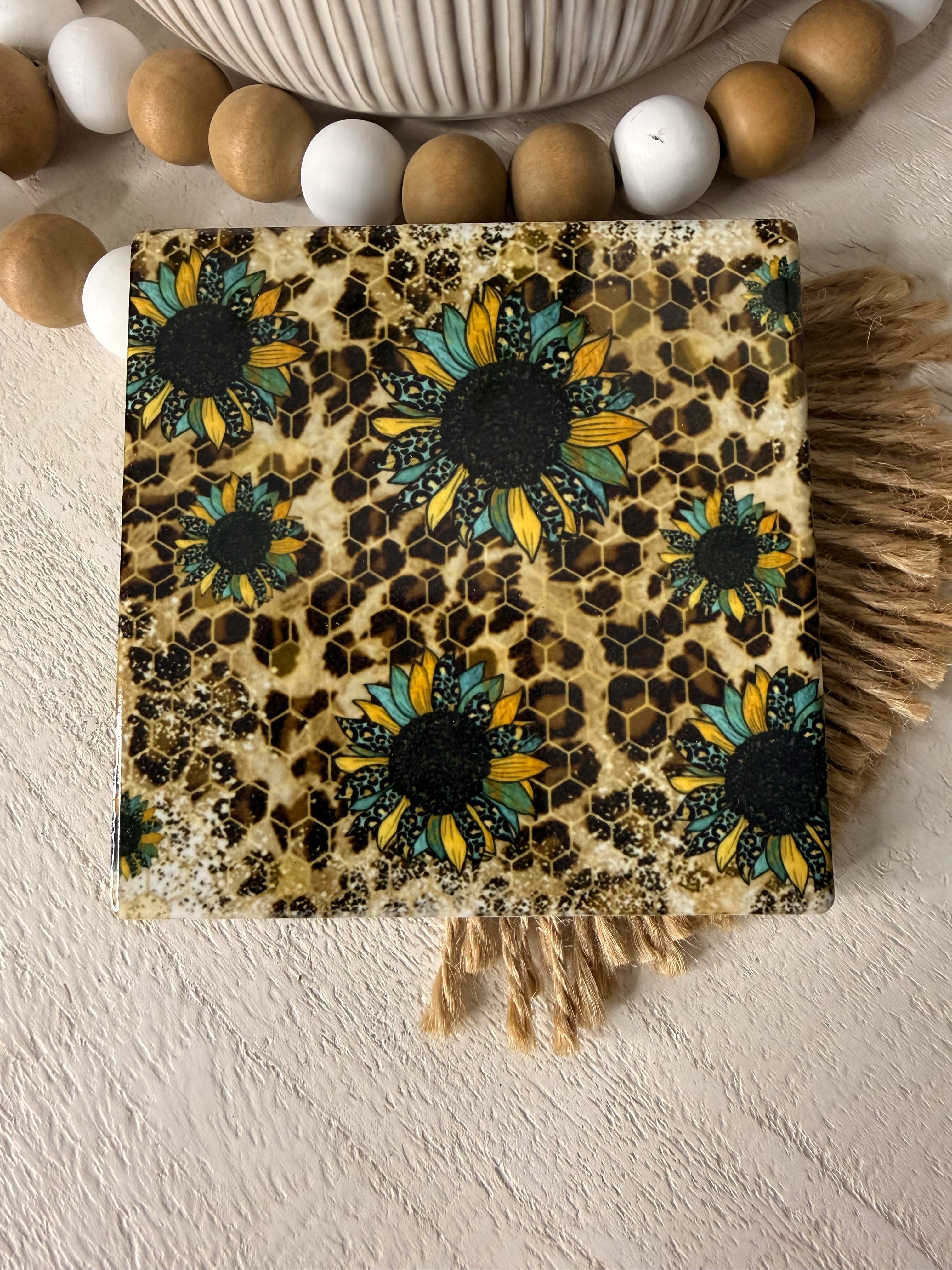 Sunflower & Leopard Ceramic Coaster