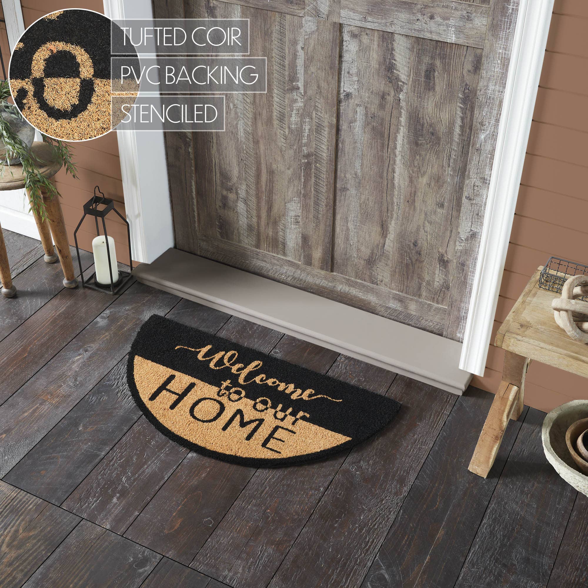 Welcome To Our Home Black Tan Coir Rug Half Circle 16.5x33