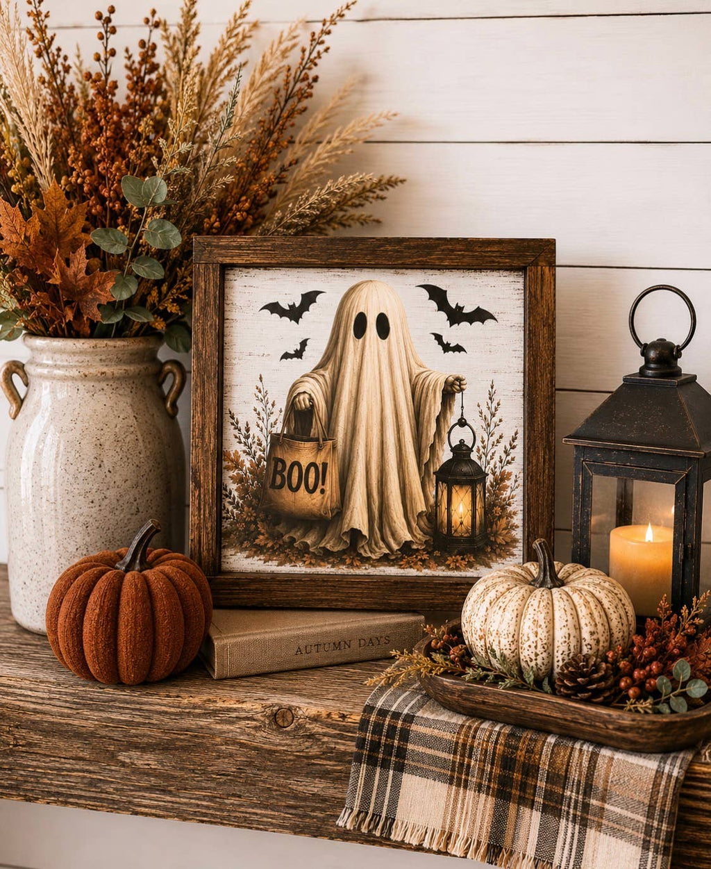 Halloween Cute spooky Ghost Framed Fall Wood Sign