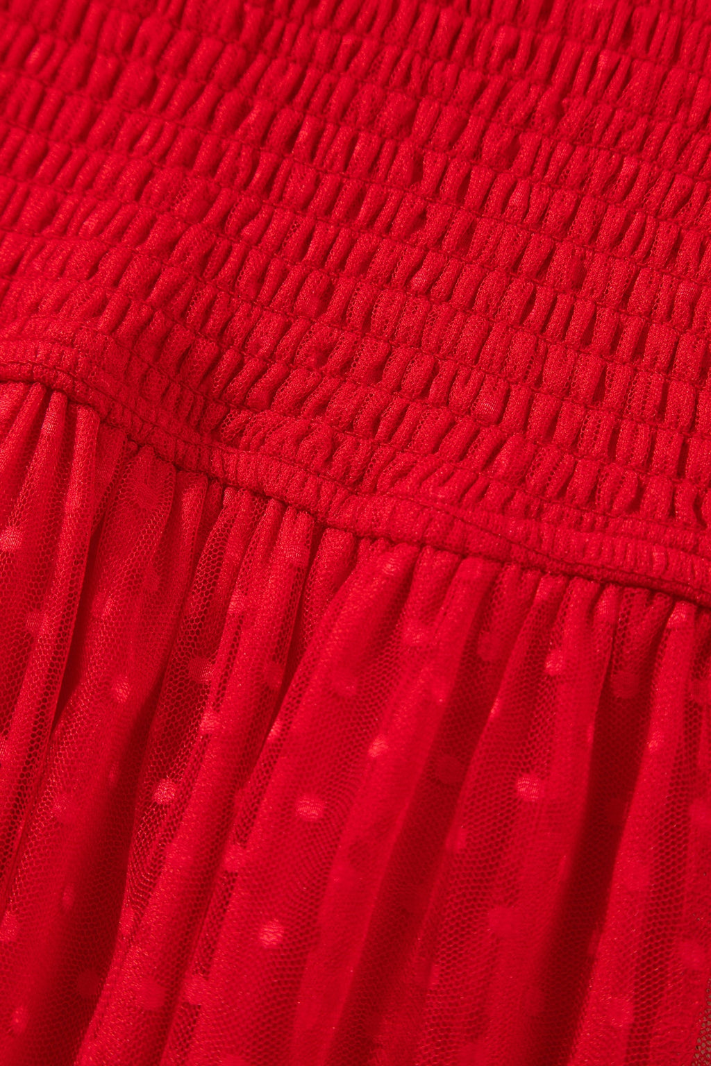 Fiery Red Tiered Tulle Smocked Bodice Puff Sleeve Dress