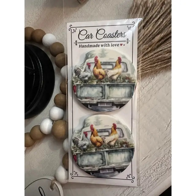 Country Chickens Ceramic Car Coaster