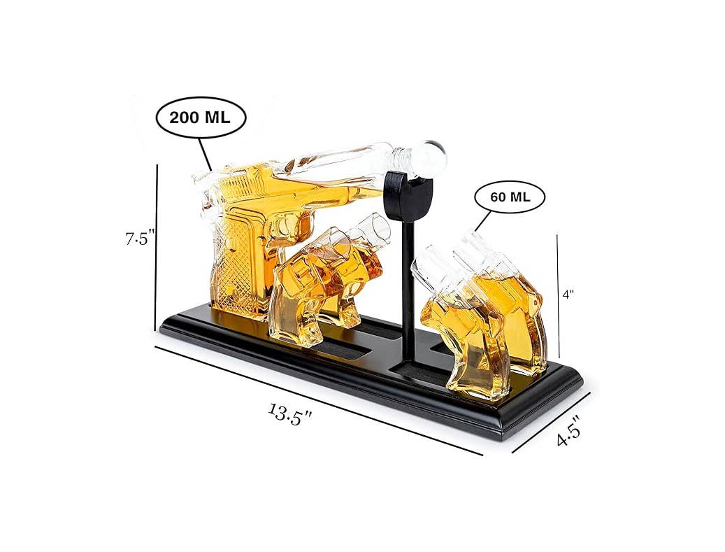 Whiskey Gun Decanter & Shot Glasses Gift Set - Mahogany Tray