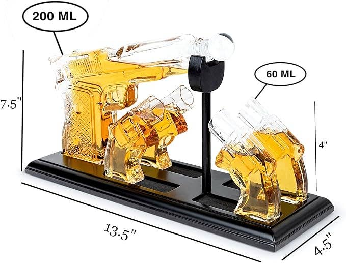 Whiskey Gun Decanter & Shot Glasses Gift Set - Mahogany Tray