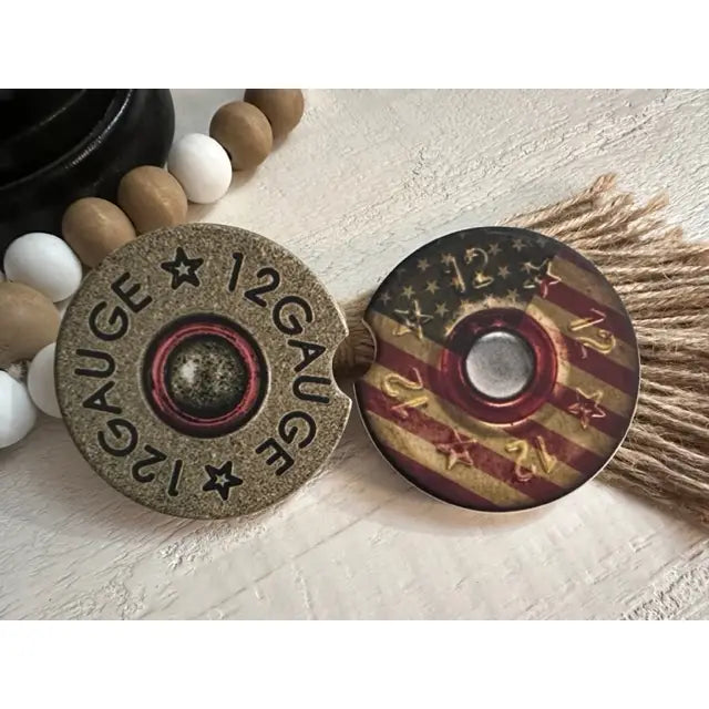 American Flag & 12 Gauge Ceramic Car Coaster