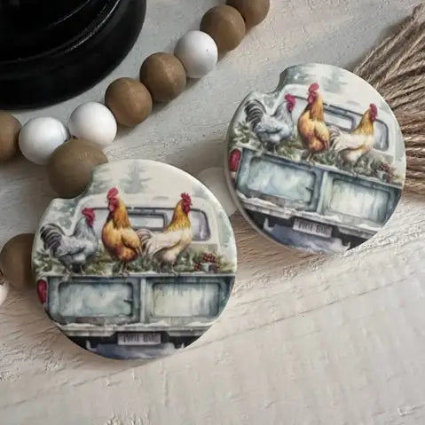 Country Chickens Ceramic Car Coaster