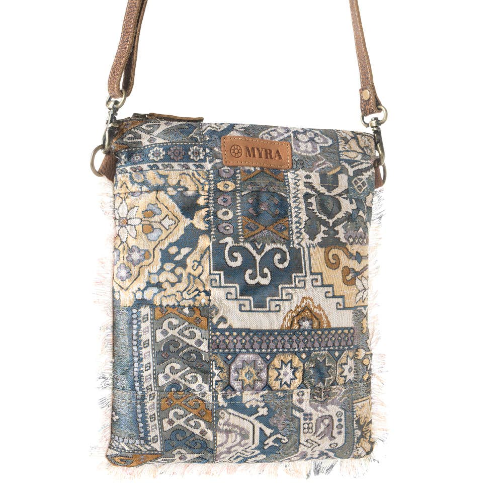 Loom Tapestry vintage crossbody Myra Bag for Women in indigo with fringe detail