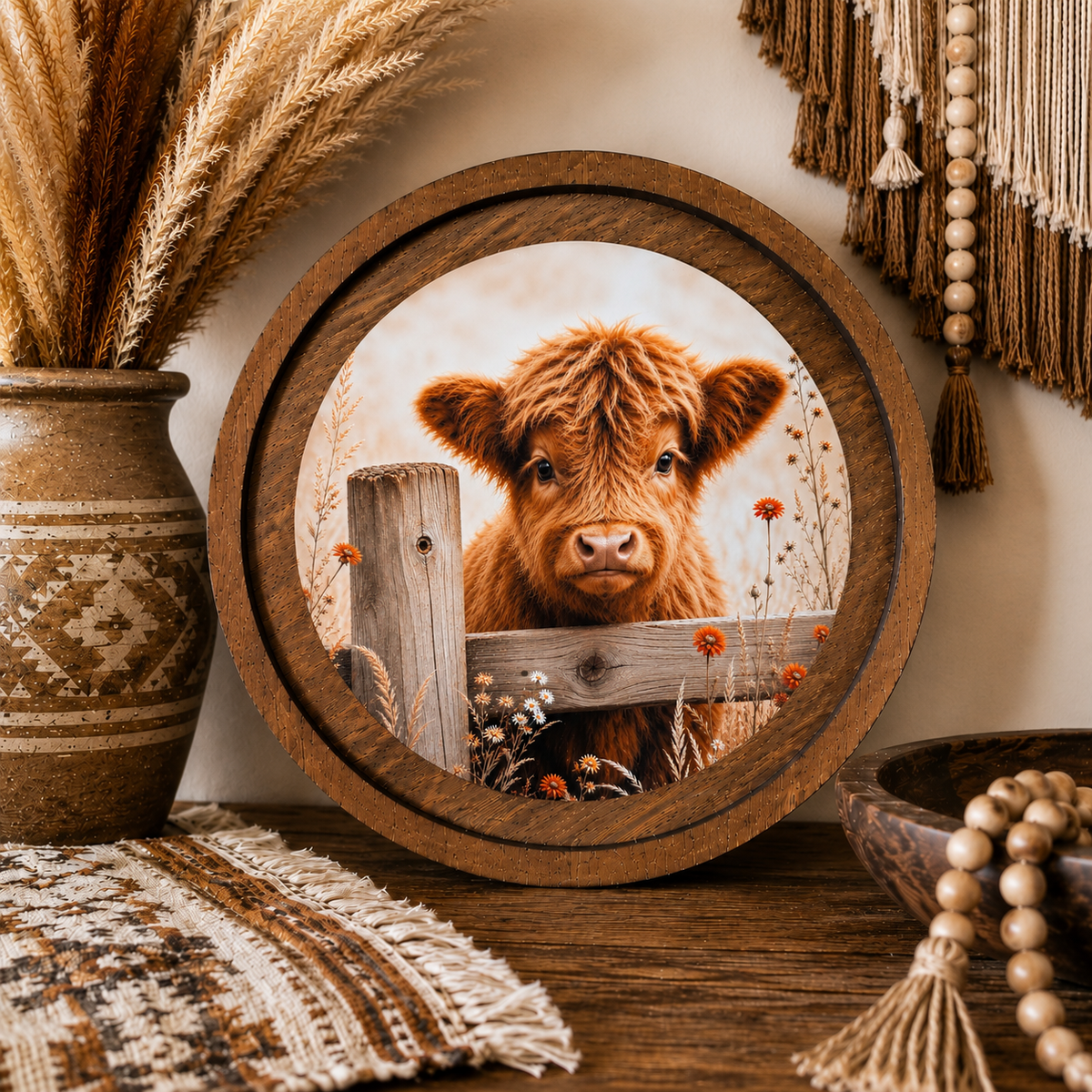 Wood Round fall highland cow calf rustic farmhouse decor 
