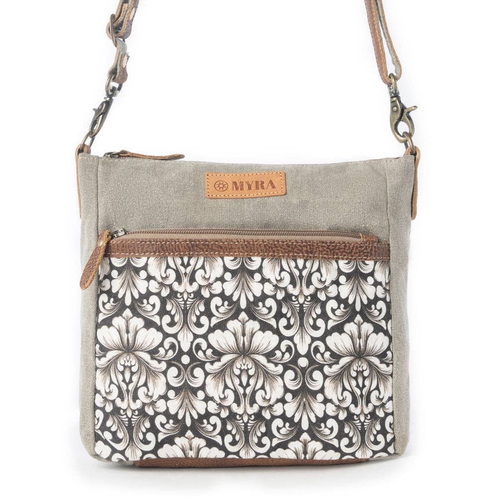 Damask Trail Vintage Crossbody Myra Bag for Women in sage with print detail