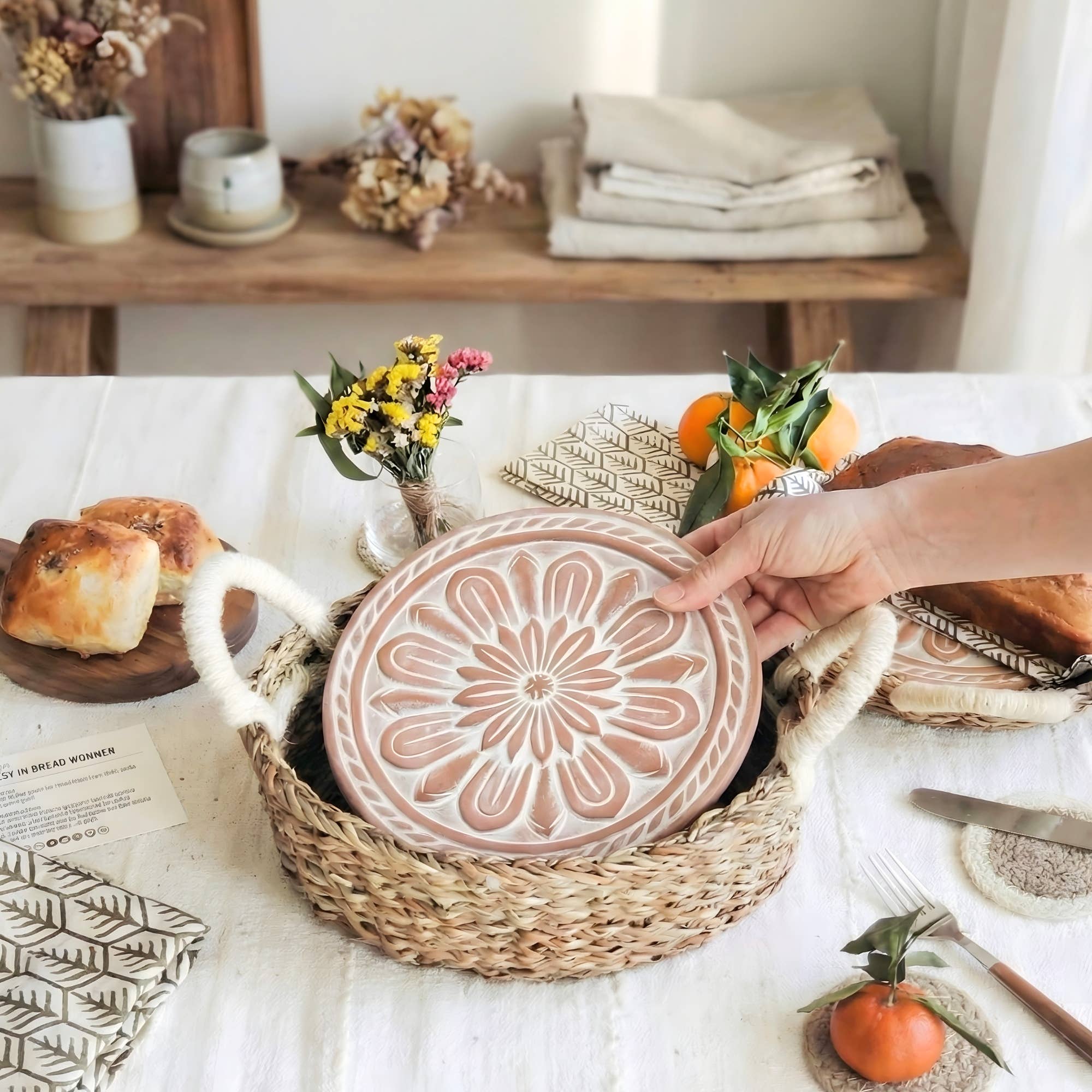 Handmade Bread Warmer & Wicker Basket - Vintage flower
