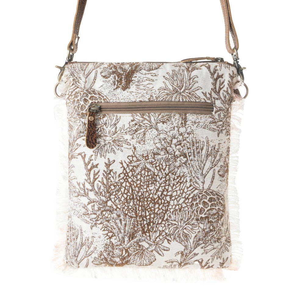 Loom Tapestry vintage Crossbody Myra Bag for Women in white with fringe detail