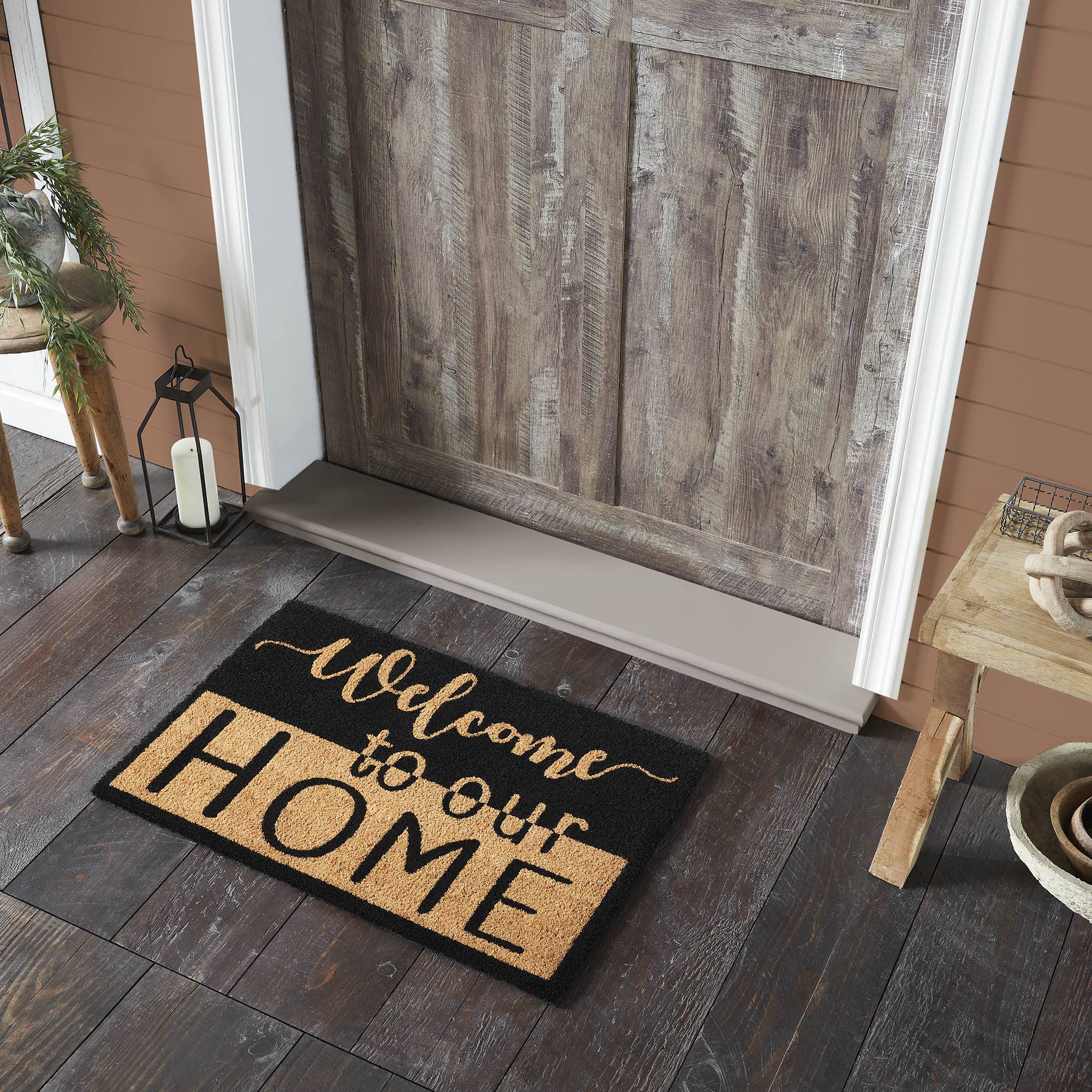 Welcome To Our Home Black Tan Coir Rug 20x30