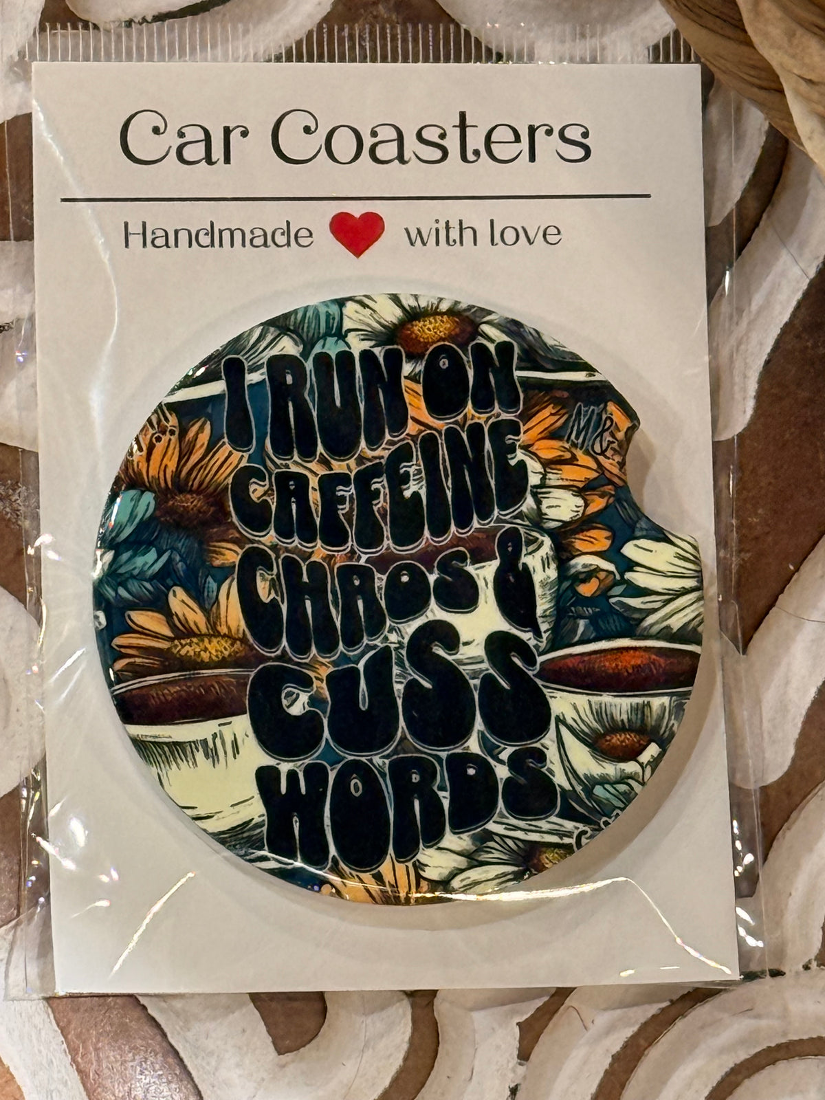 Caffeine, Chaos & Cuss Words Ceramic Car Coaster