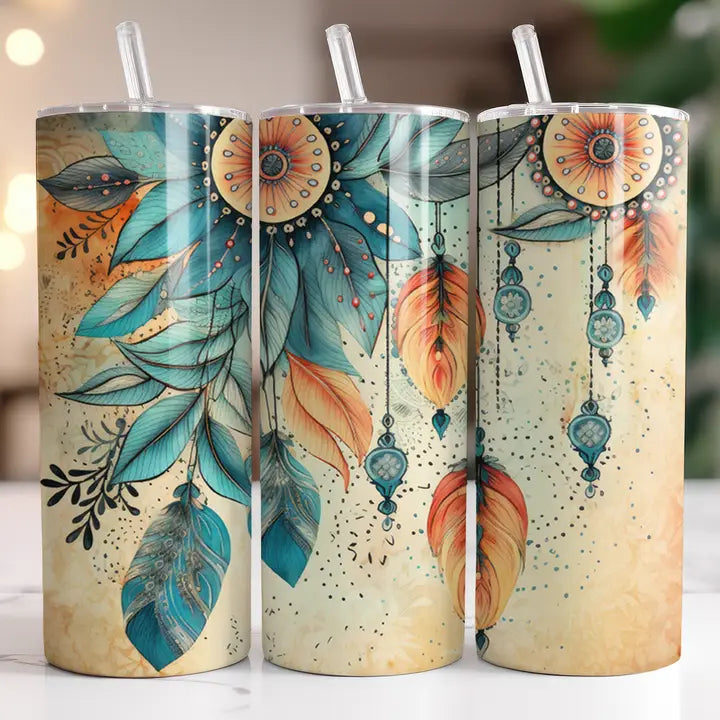 Boho Teal Leaves 20oz Skinny Tumbler