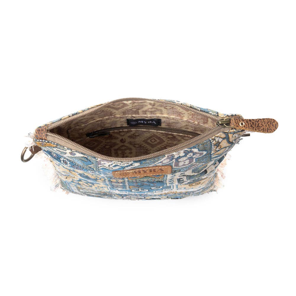 Loom Tapestry vintage crossbody Myra Bag for Women in indigo with fringe detail