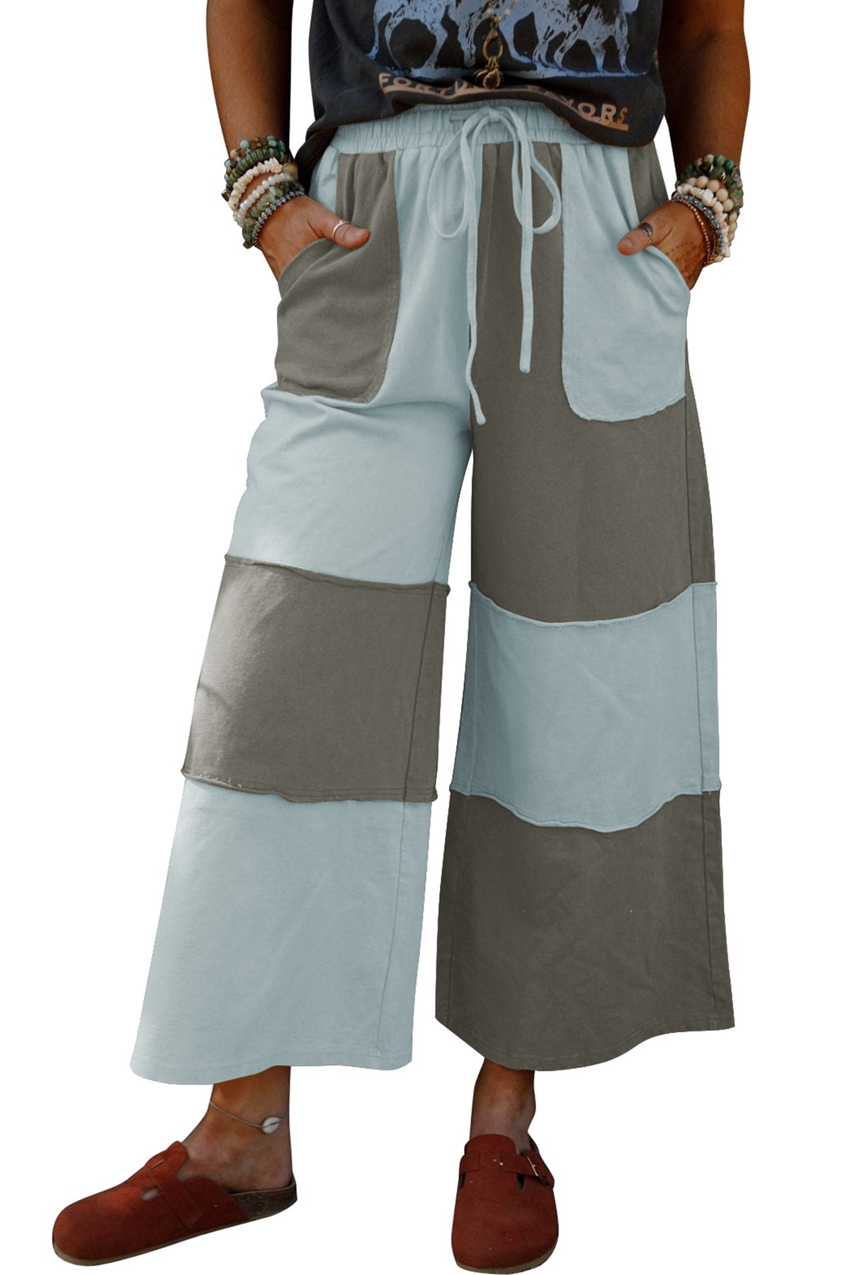 Russet Orange Raw Seam Colorblock Wide Leg Ankle Length Casual Pants