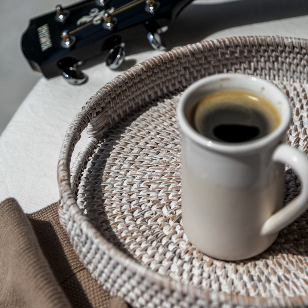 404 Round Rattan Tray — Decorative White Woven Tray for Coffee Table & Home