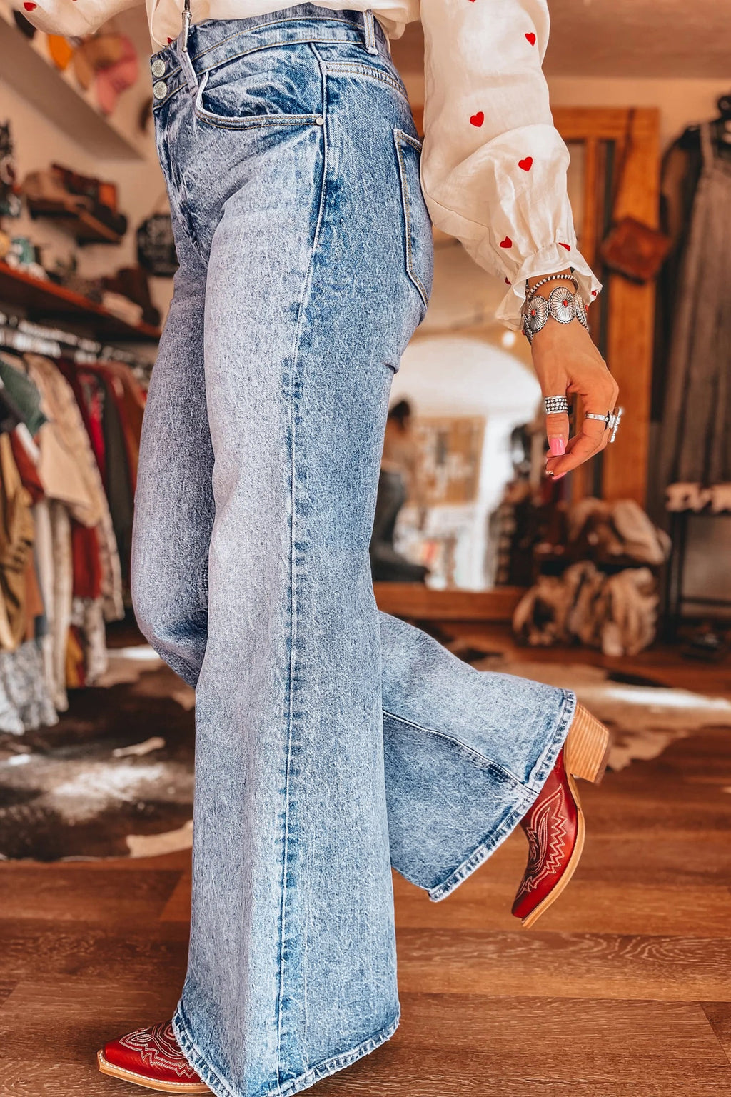 Sail Blue Acid Wash Pocket Detail Flare Jeans