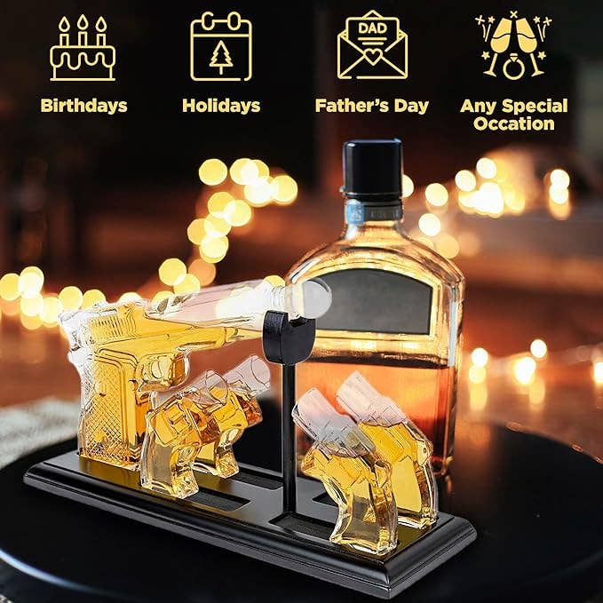 Whiskey Gun Decanter & Shot Glasses Gift Set - Mahogany Tray