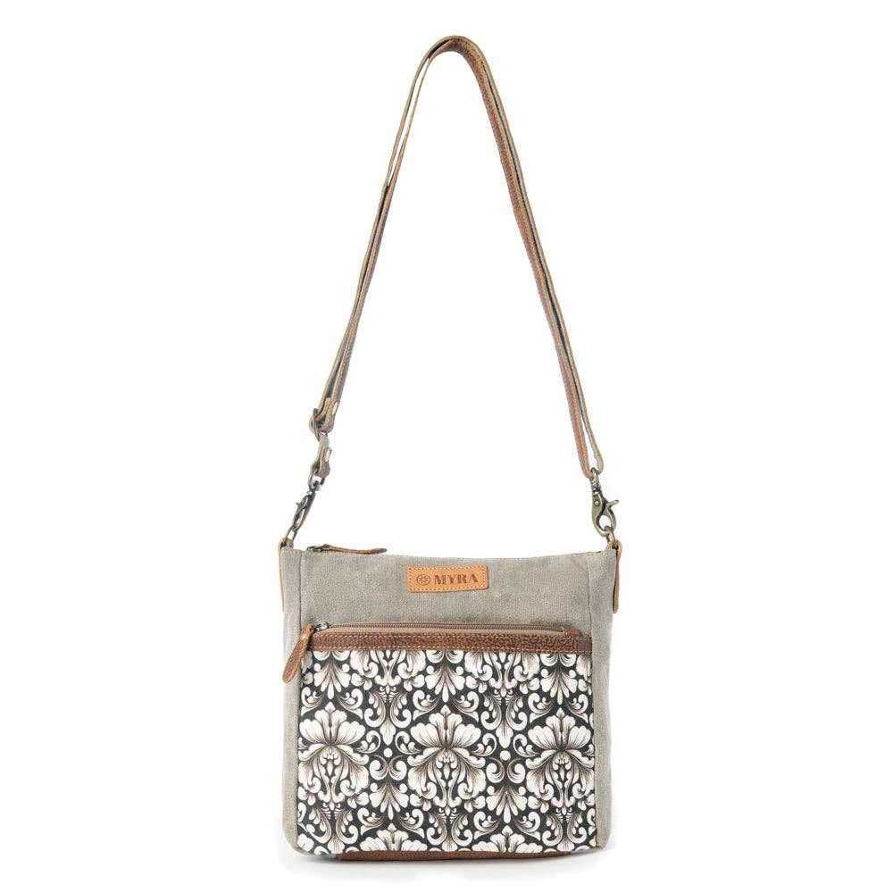 Damask Trail Vintage Crossbody Myra Bag for Women in sage with print detail