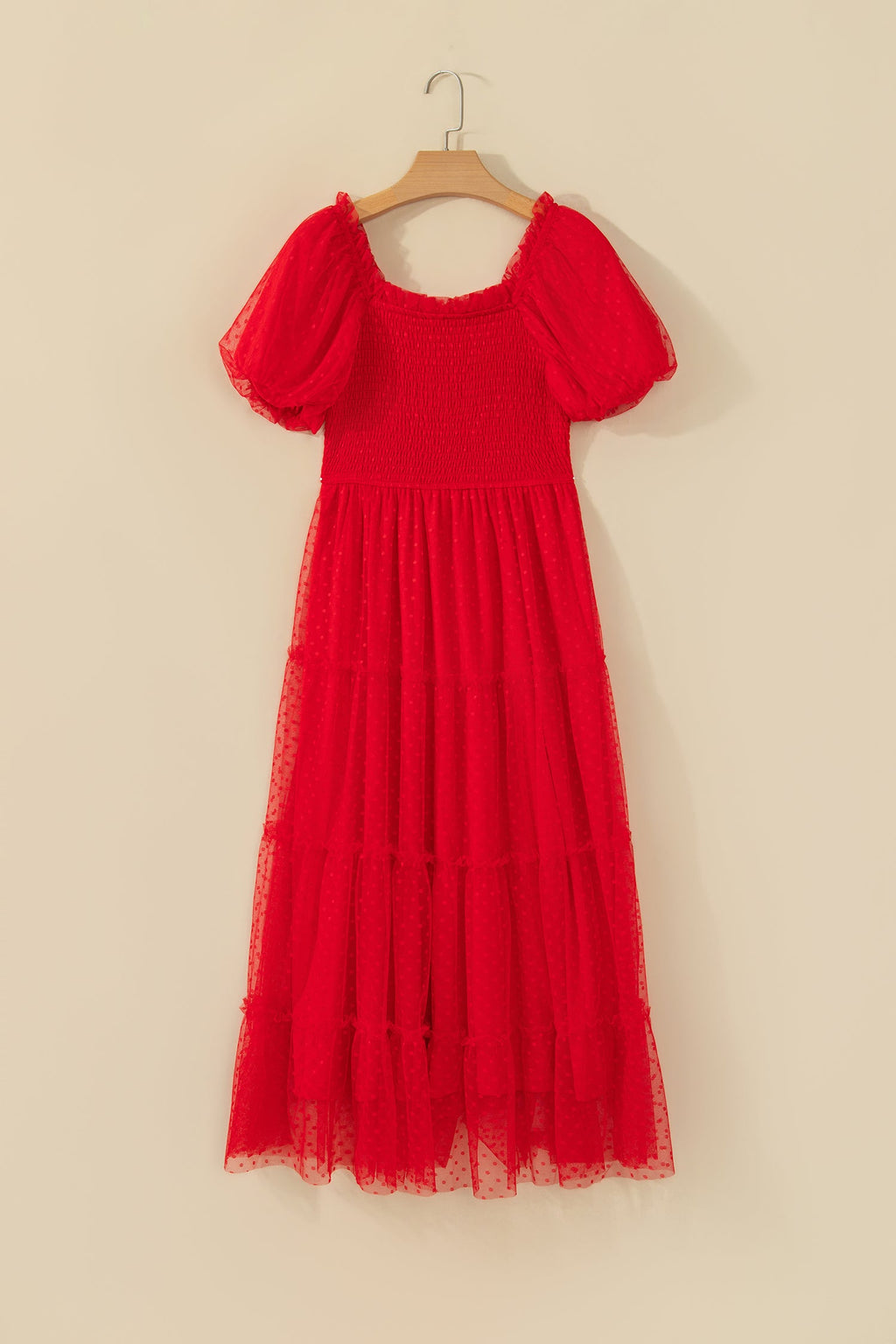 Fiery Red Tiered Tulle Smocked Bodice Puff Sleeve Dress
