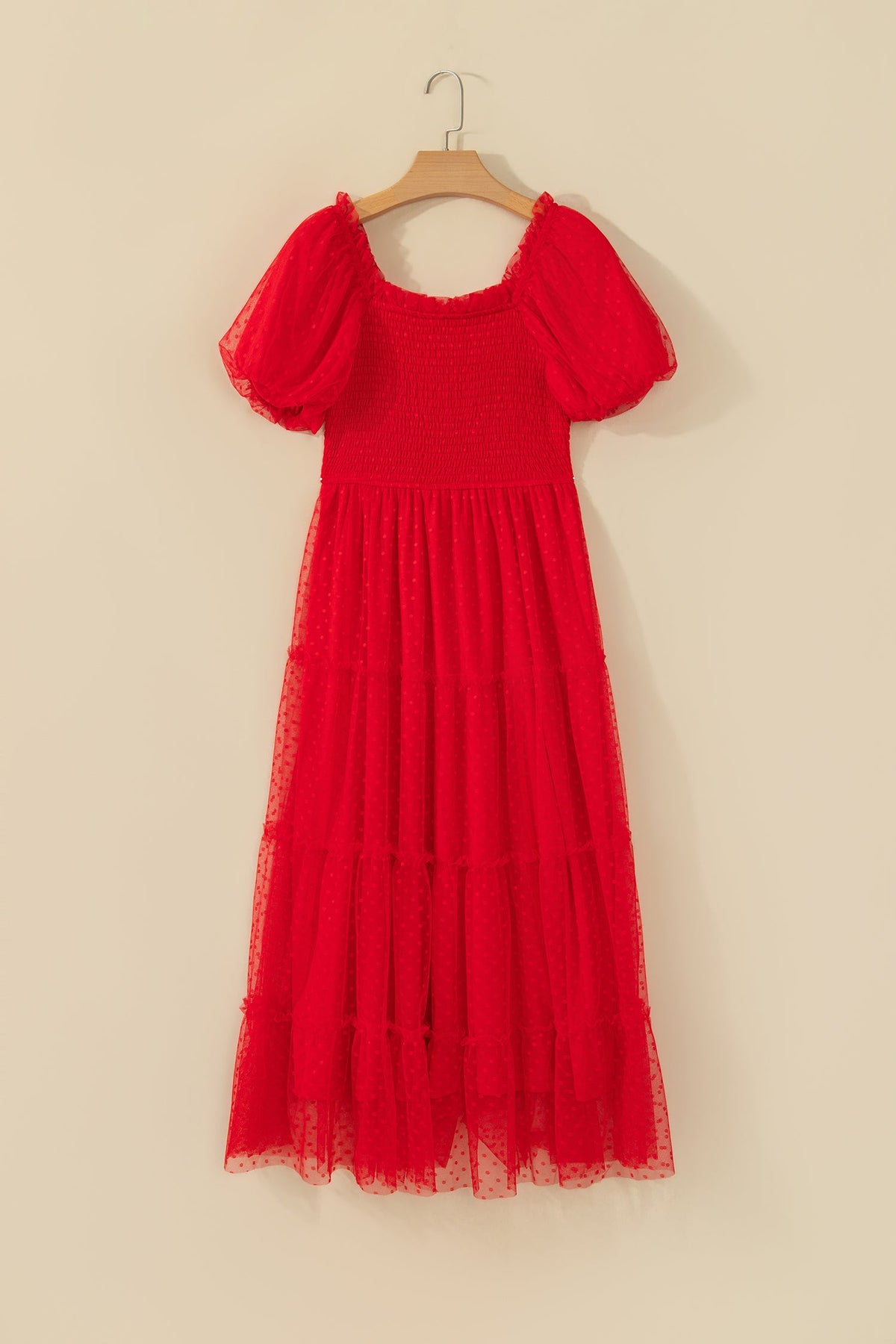 Fiery Red Tiered Tulle Smocked Bodice Puff Sleeve Dress