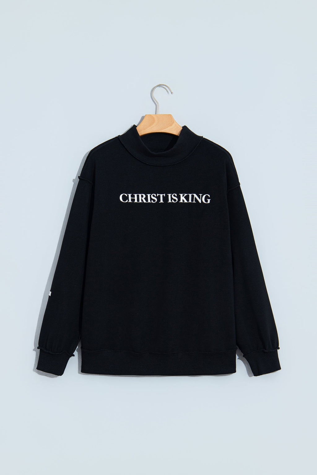 Black CHRIST IS KING Embroidery High Neck Baggy Sweatshirt
