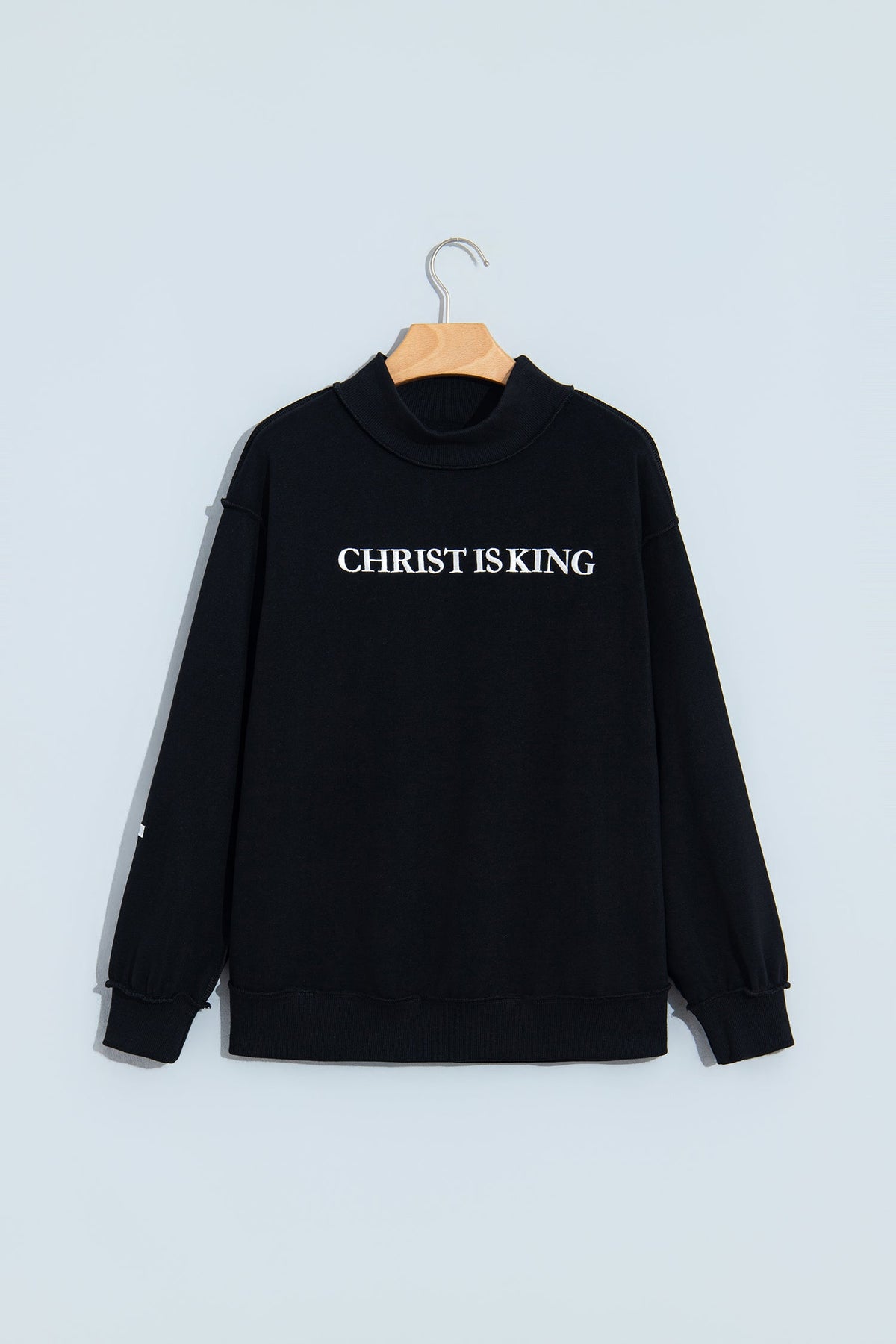 Black CHRIST IS KING Embroidery High Neck Baggy Sweatshirt