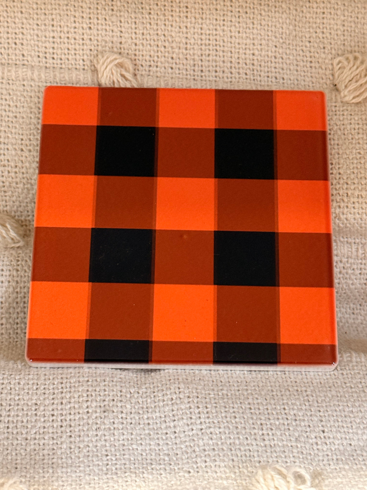 Black & Orange Plaid Ceramic Coaster