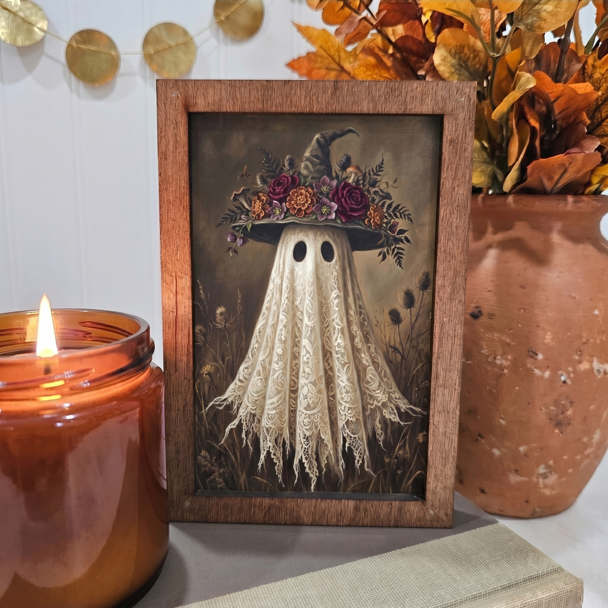 4x6 Wood Block Sign Art- Lace Ghost Floral Fall Halloween