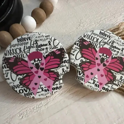 Butterfly Breast Cancer Ribbon Car Coaster
