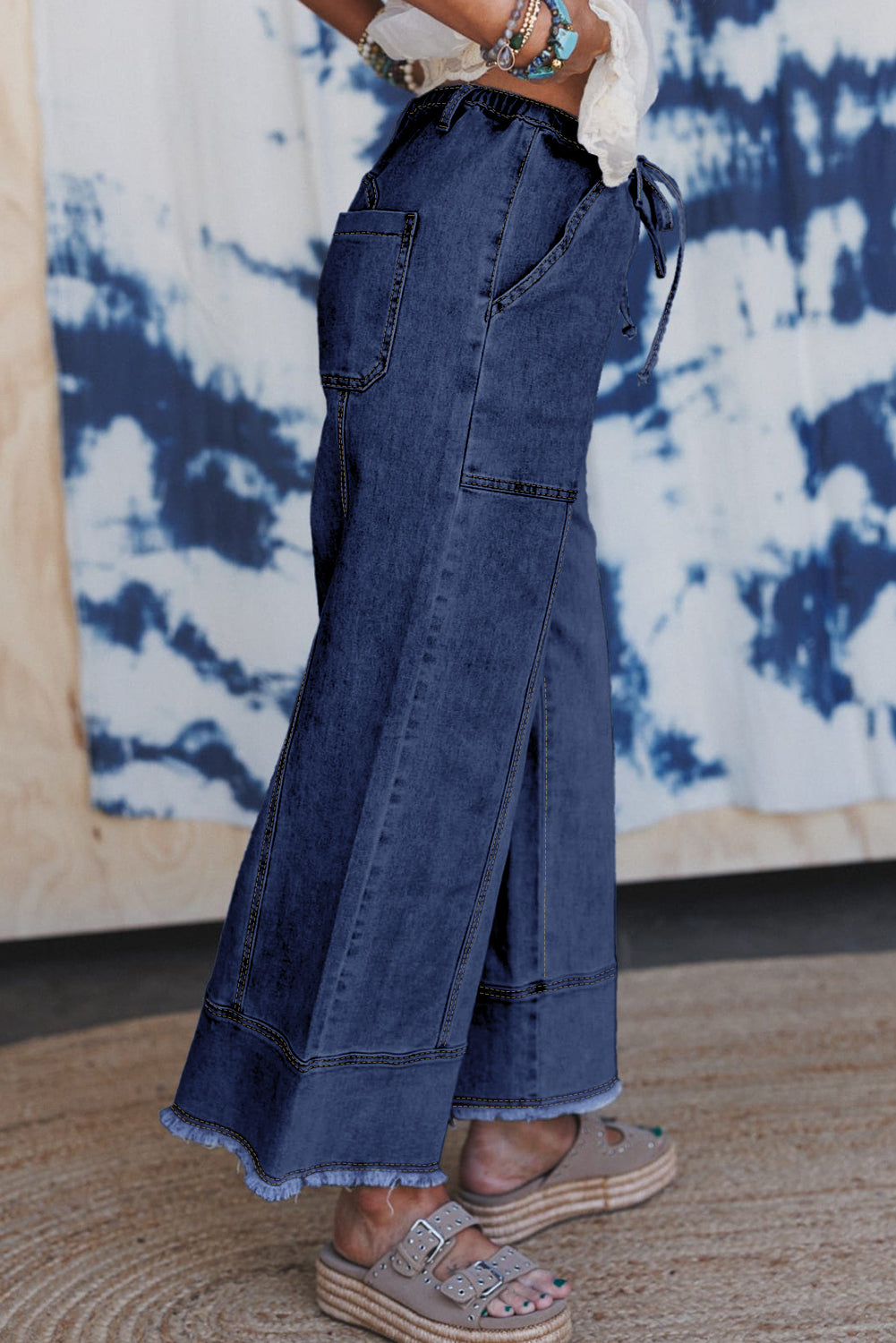 Beau Blue Drawstring Seam Detail Raw Hem Wide Leg Jeans