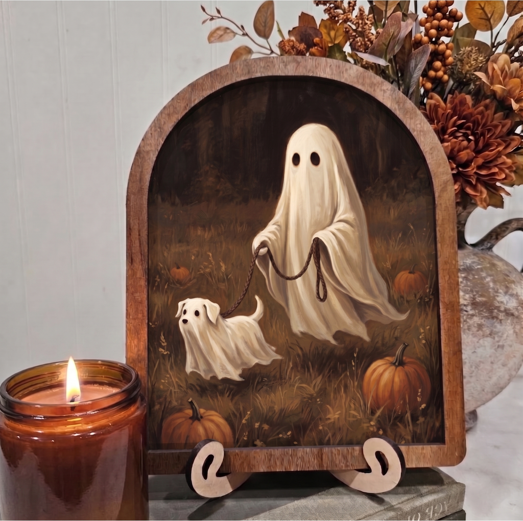 Arch Ghost Walking Ghost Dog Framed with Stands Art Halloween Fall
