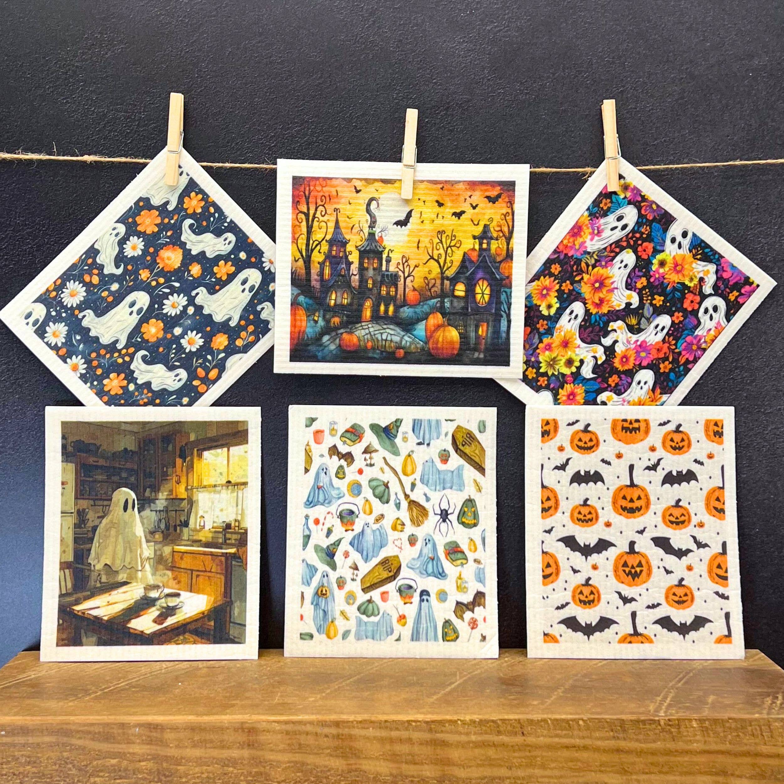 Pumpkins & Bats Halloween Swedish Dishcloth - Fall Kitchen