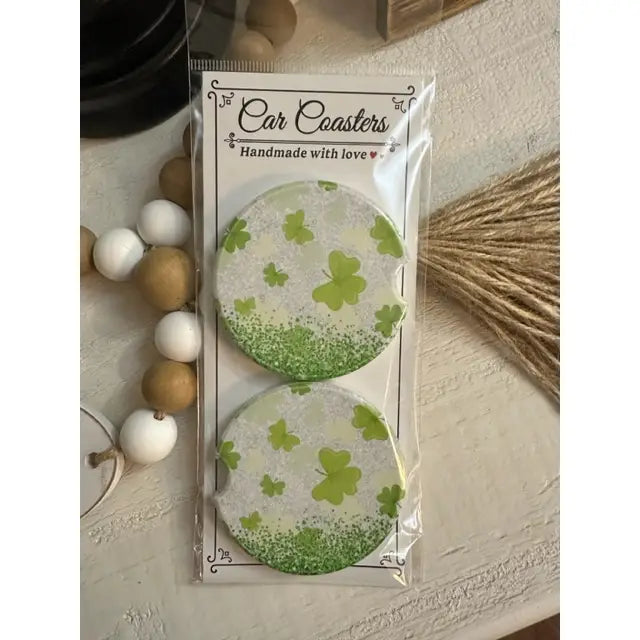 Clover Burst St Patrick's Ceramic Car Coaster Set