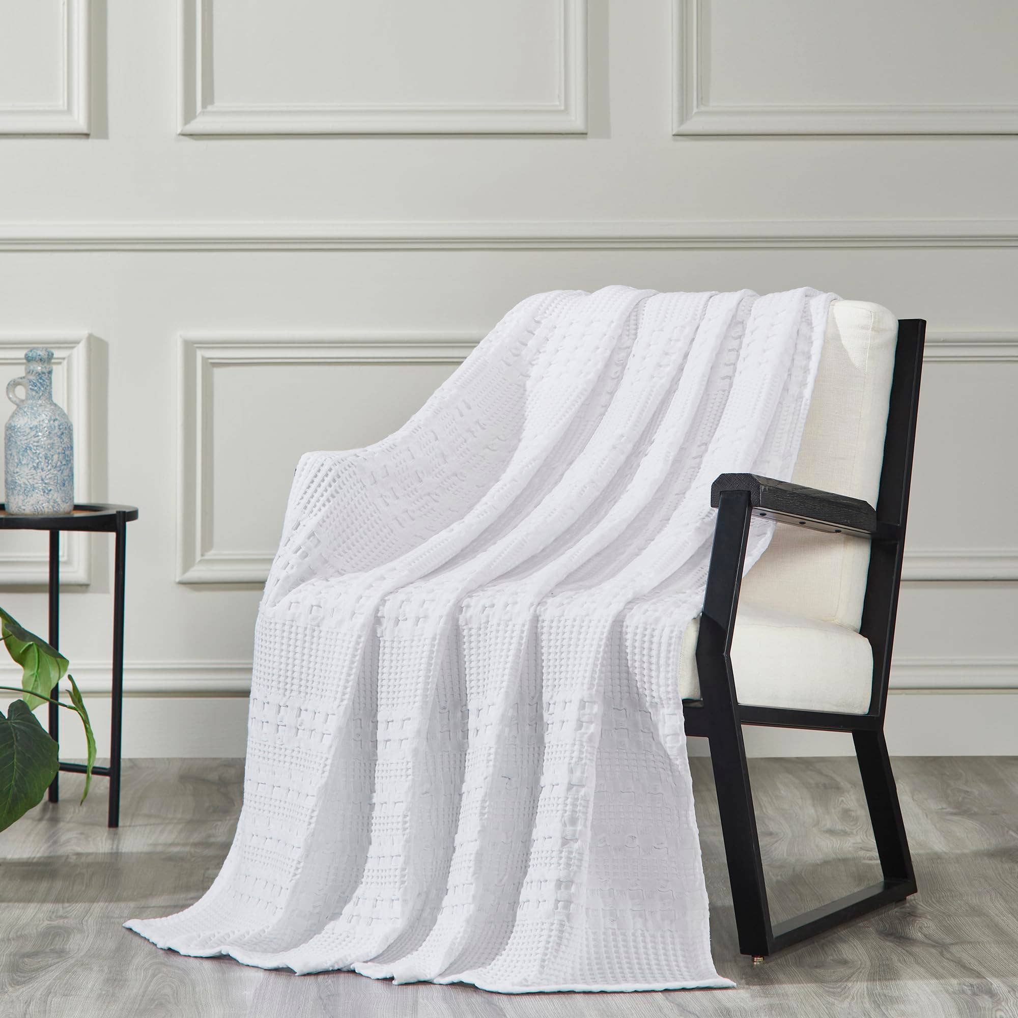 VHC Brands Waffle Weave White Throw 50x60 - Decorative Cotton Blanket for Farmhouse & Boho Decor