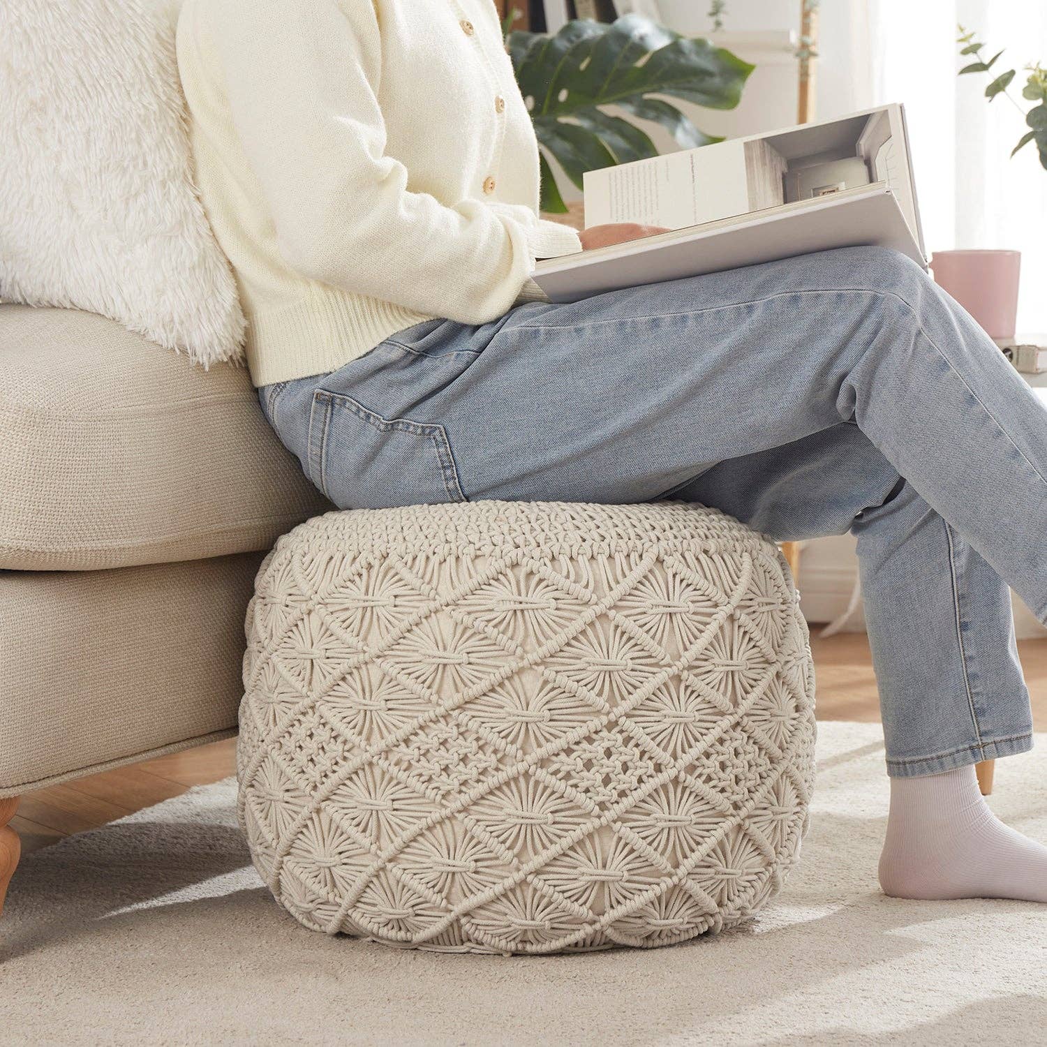Cotton Macrame Braid Pouf Ottoman