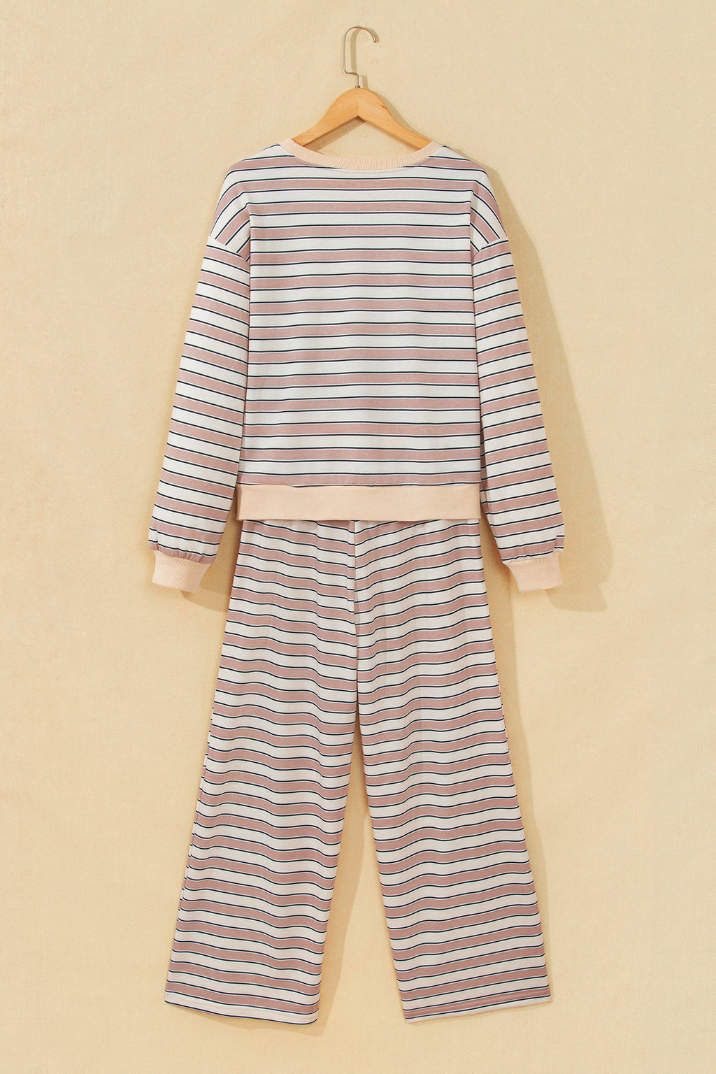 Khaki Stripe Contrast Trim Long Sleeve Top Elastic Waist Pants Set