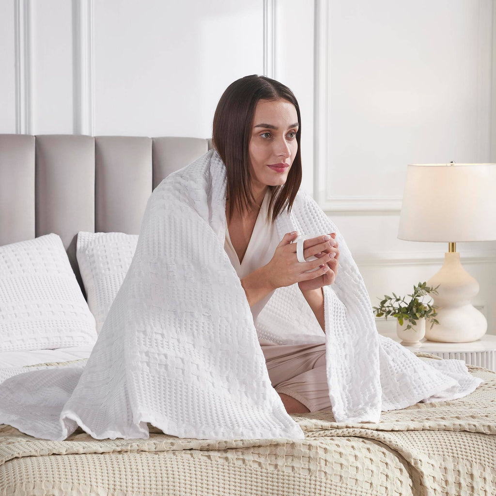 VHC Brands Waffle Weave White Throw 50x60 - Decorative Cotton Blanket for Farmhouse & Boho Decor
