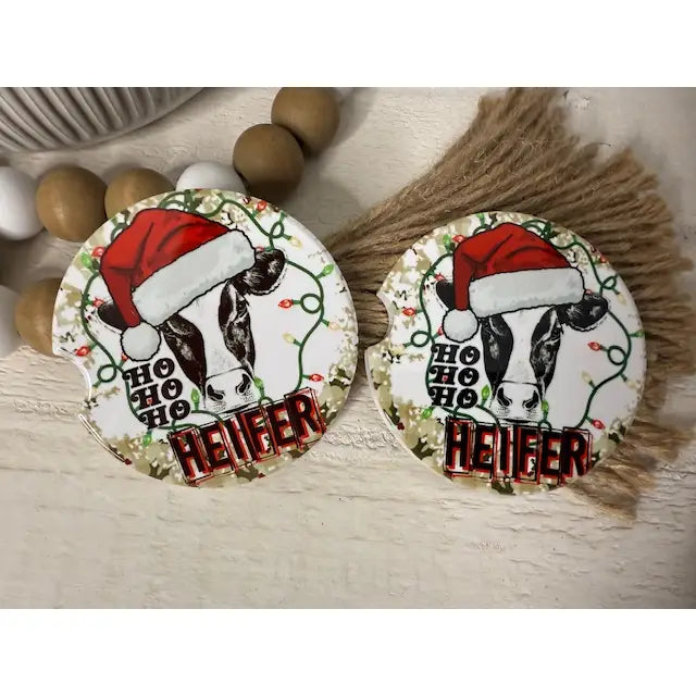 HO HO HO Heifer Cow Christmas Ceramic Car Coaster