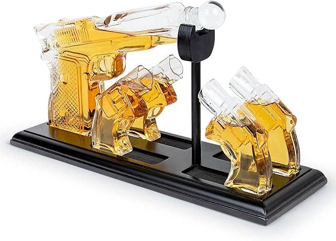 Whiskey Gun Decanter & Shot Glasses Gift Set - Mahogany Tray