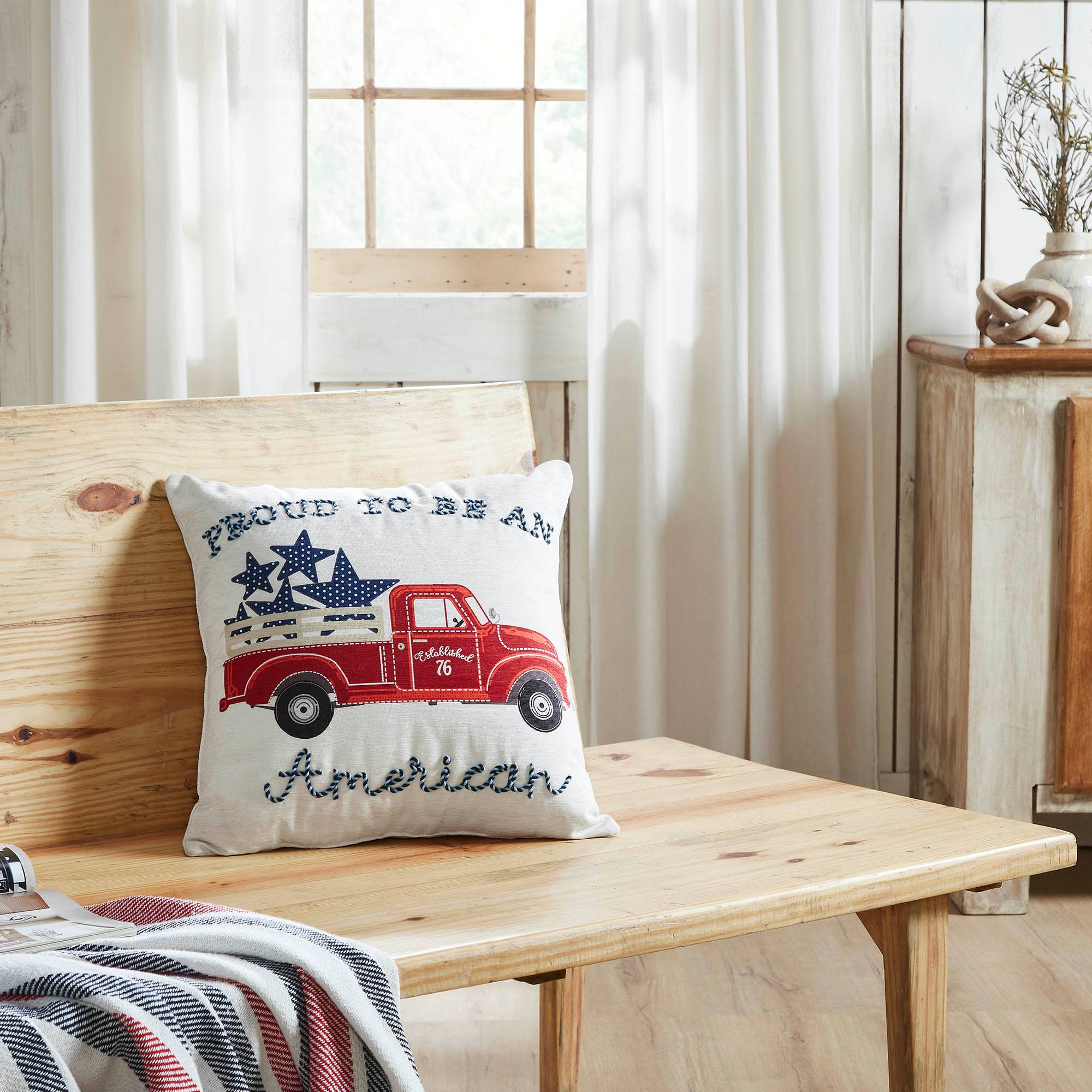 Patriotic Red Truck Throw Pillow 18x18