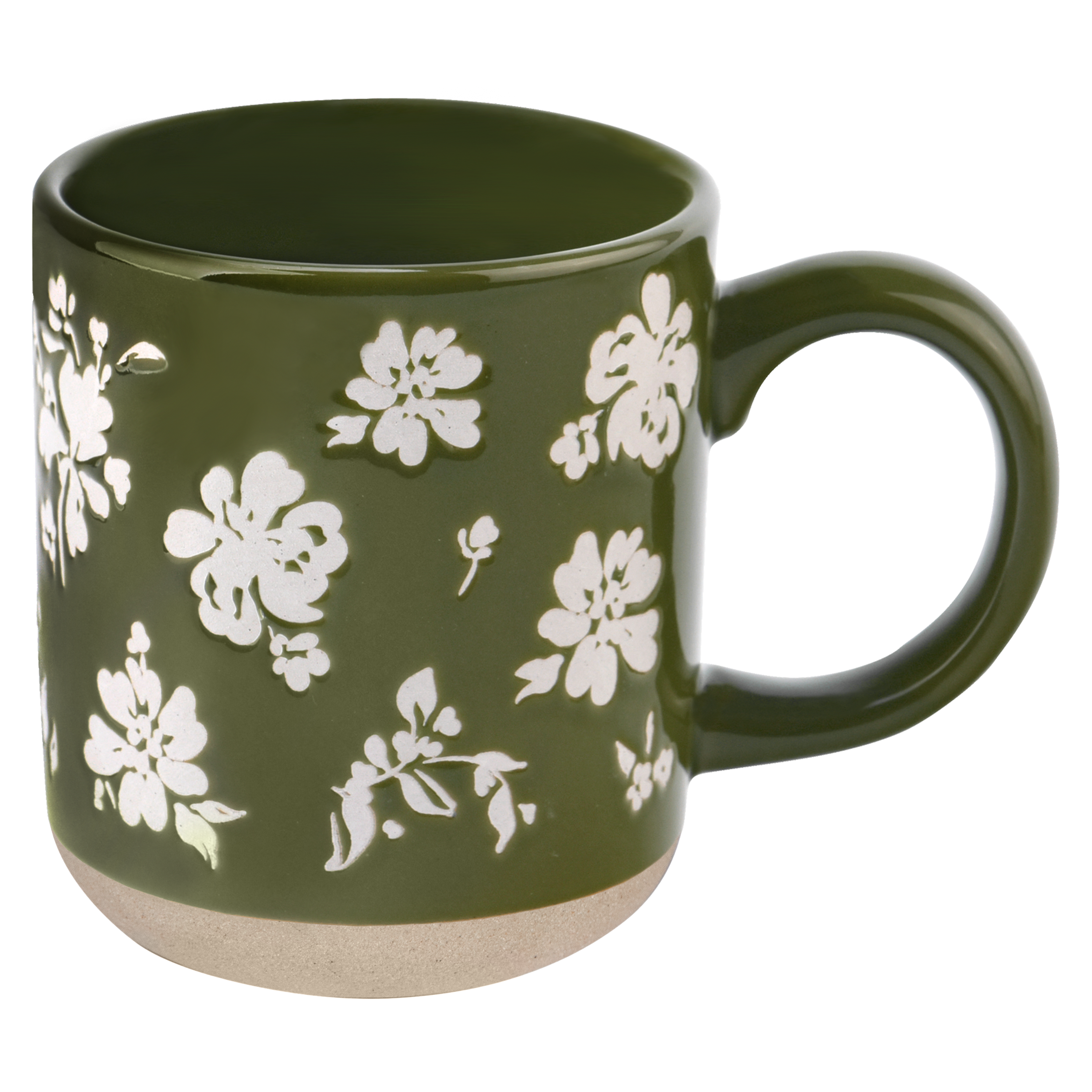 Green Floral Stoneware Coffee Mug