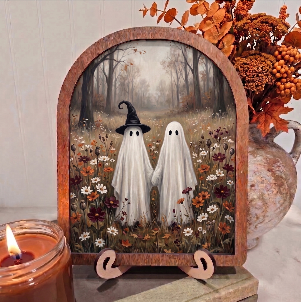 Arch Fall Ghost Couple Holding Hands Framed Art with Stands Halloween