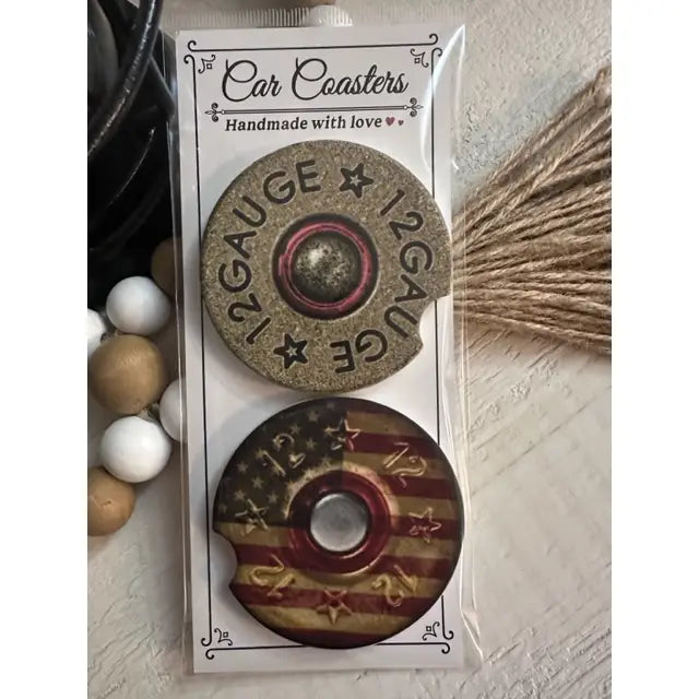 American Flag & 12 Gauge Ceramic Car Coaster