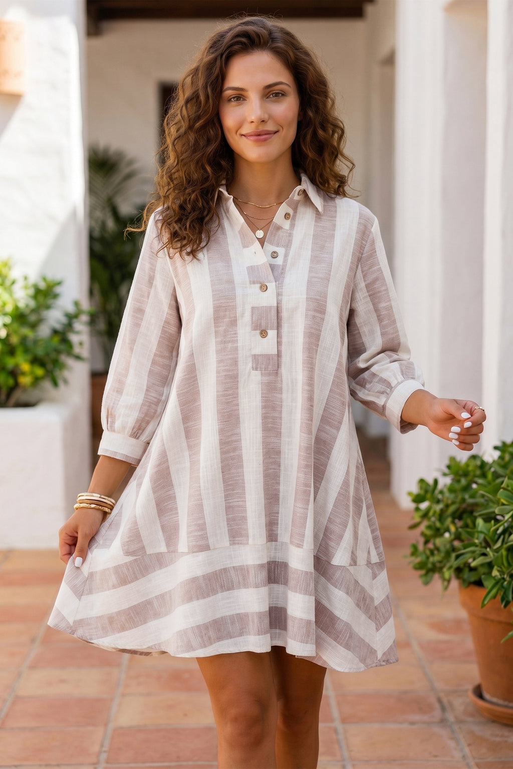 Khaki Stripe Striped Button-Up Three-Quarter Sleeve Short Shift Dress