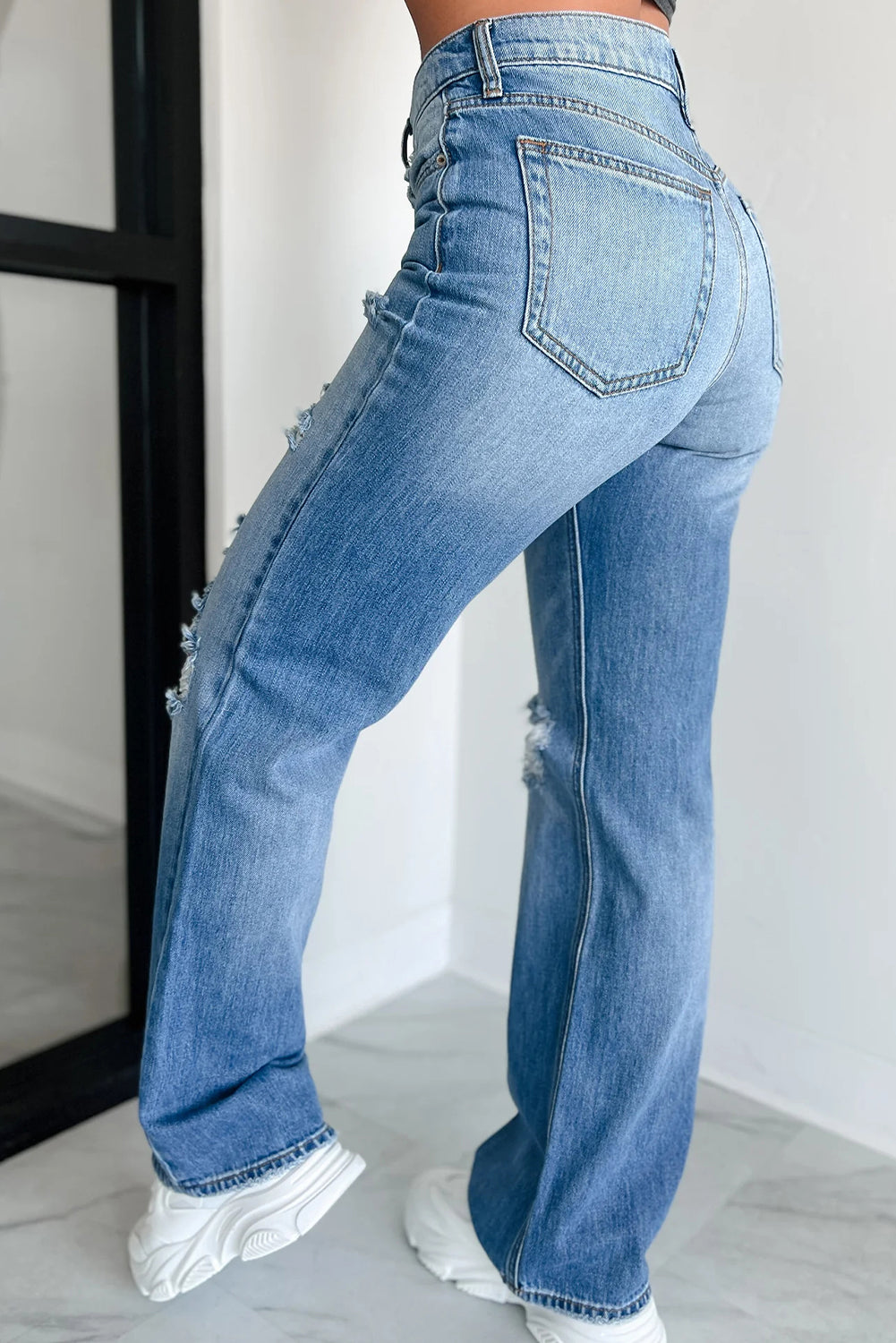 Myosotis Mid Rise Distressed Straight Leg Jeans
