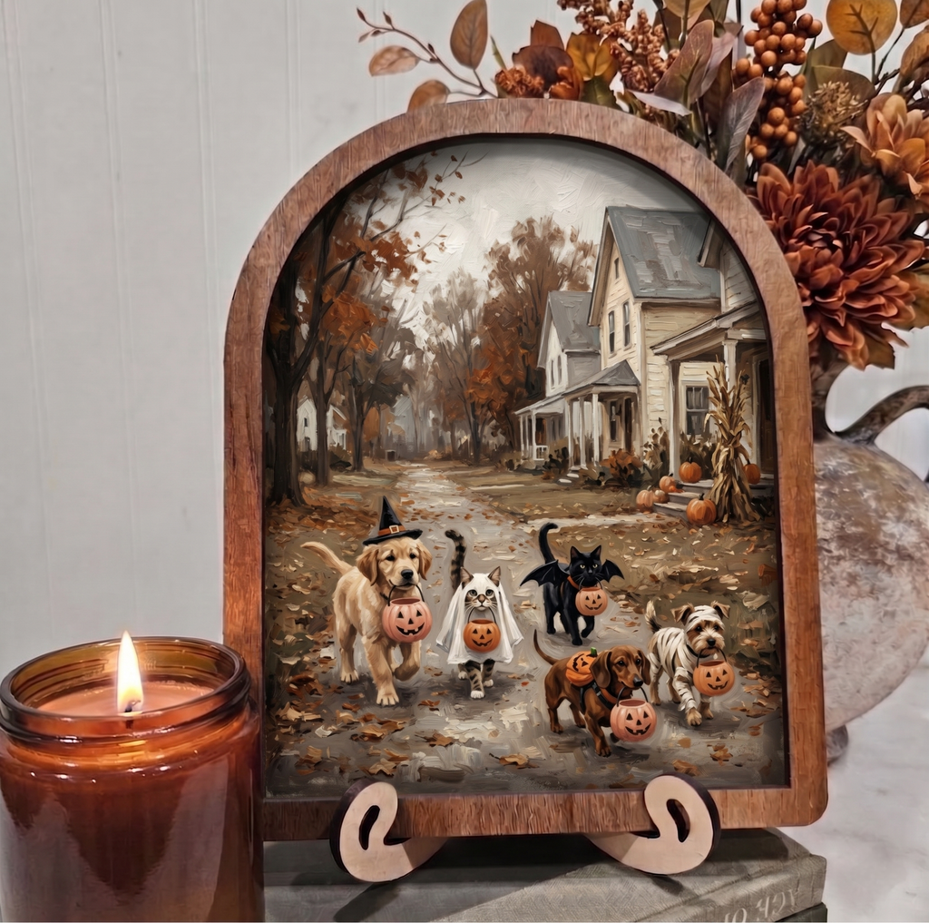 Arch Dogs and Cats Trick or Treat Framed Art with Stands Halloween Fall