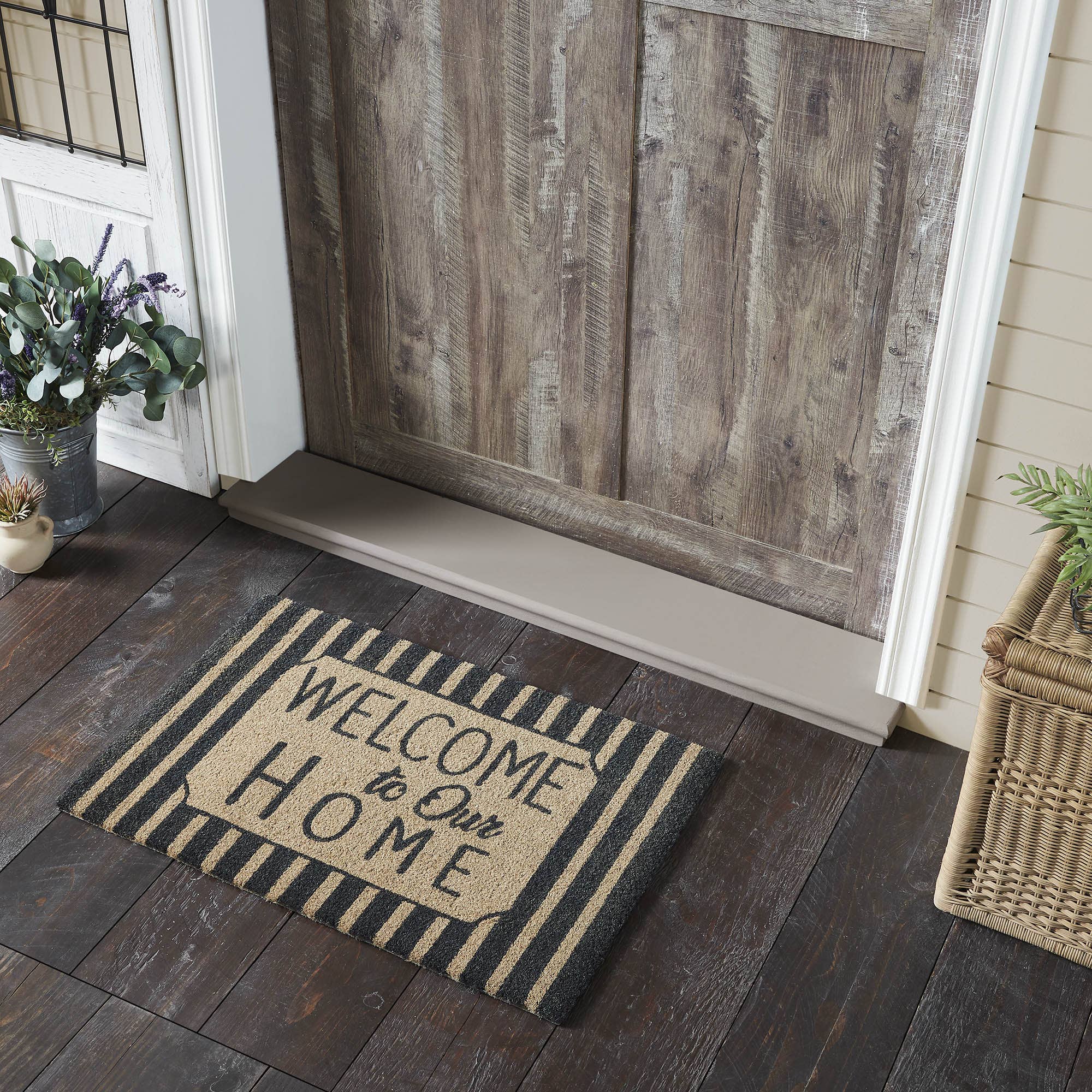 Welcome To Our Home Charcoal Stripes Coir Rug 20x30