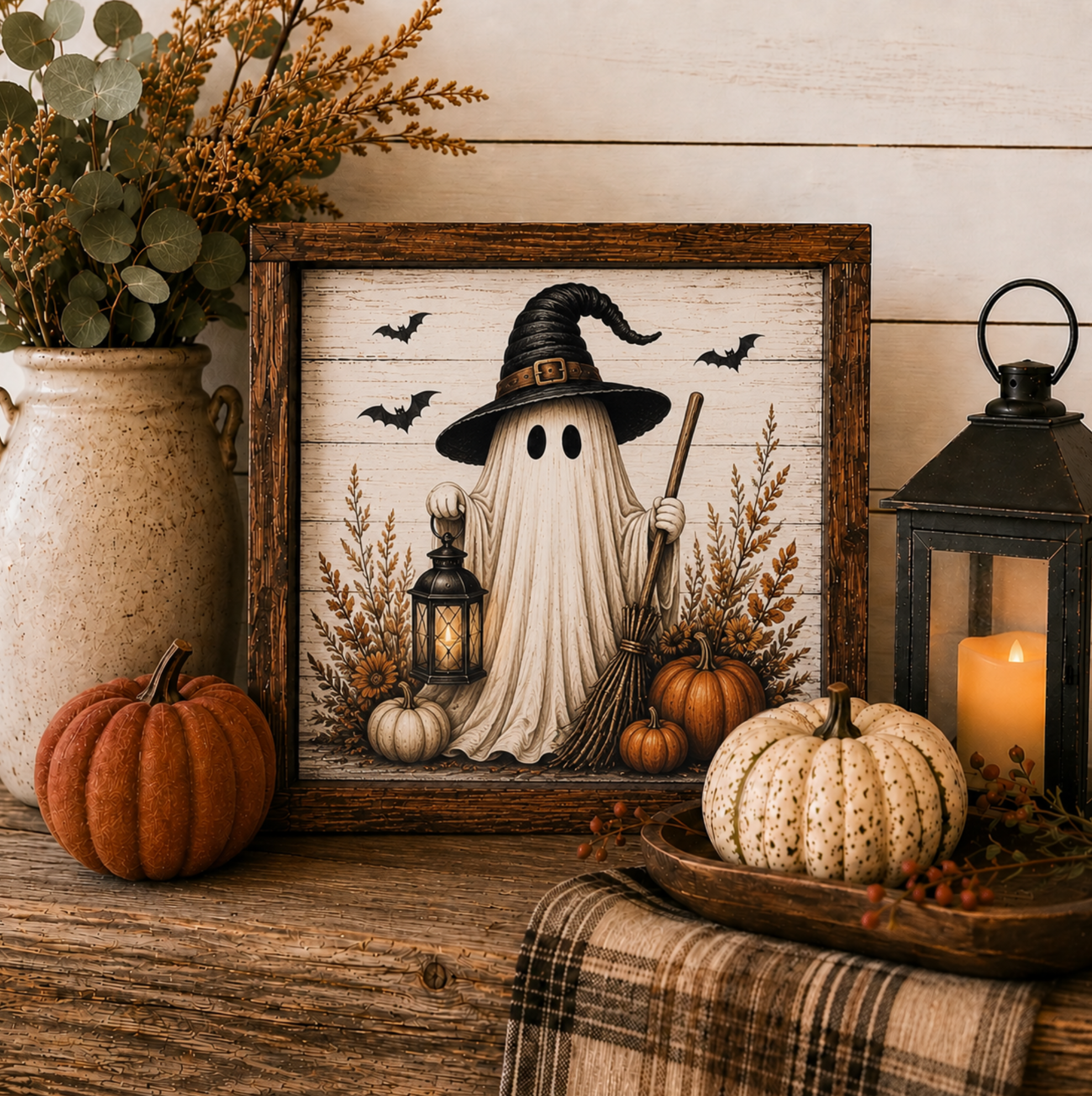 Harvest Hallow Spooky Ghost Farmhouse Halloween Framed Sign 